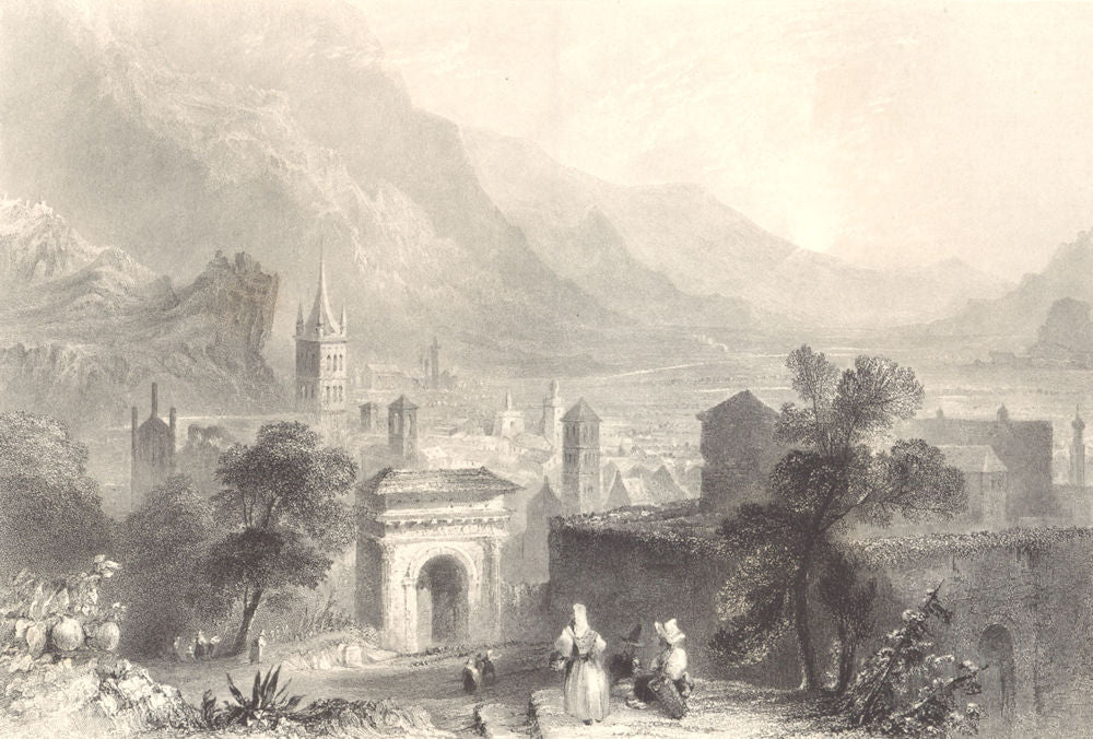 PIEDMONT/PIEMONTE. View of Susa. Town view. Church. BARTLETT 1838 old print